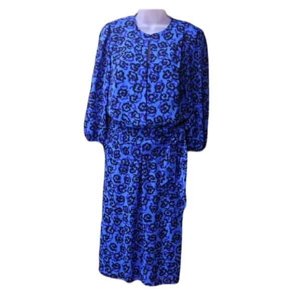 Vintage Royal Blue Black Floral Print Long Sleeve Knee Length Dress 1980s USA - Picture 1 of 15
